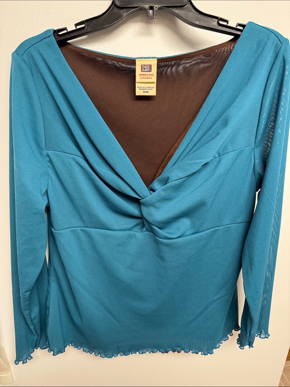 Faded Glory Teal Twist-Front Long Sleeve Top